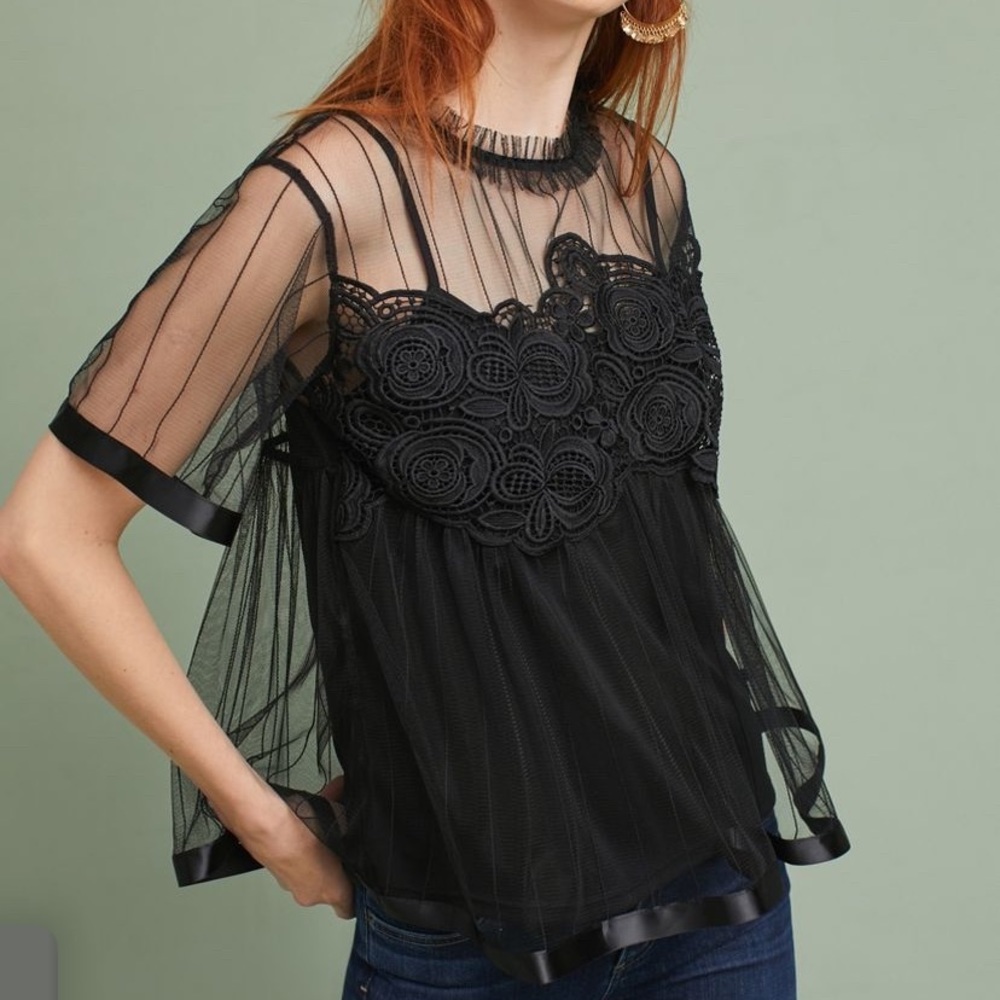 Anthropologie Eva Franco black mesh lace swing top NWT XS